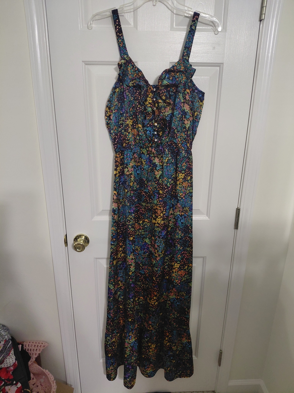 Cynthia Vincent Black Floral Maxi Dress with Blue & Yellow Accents